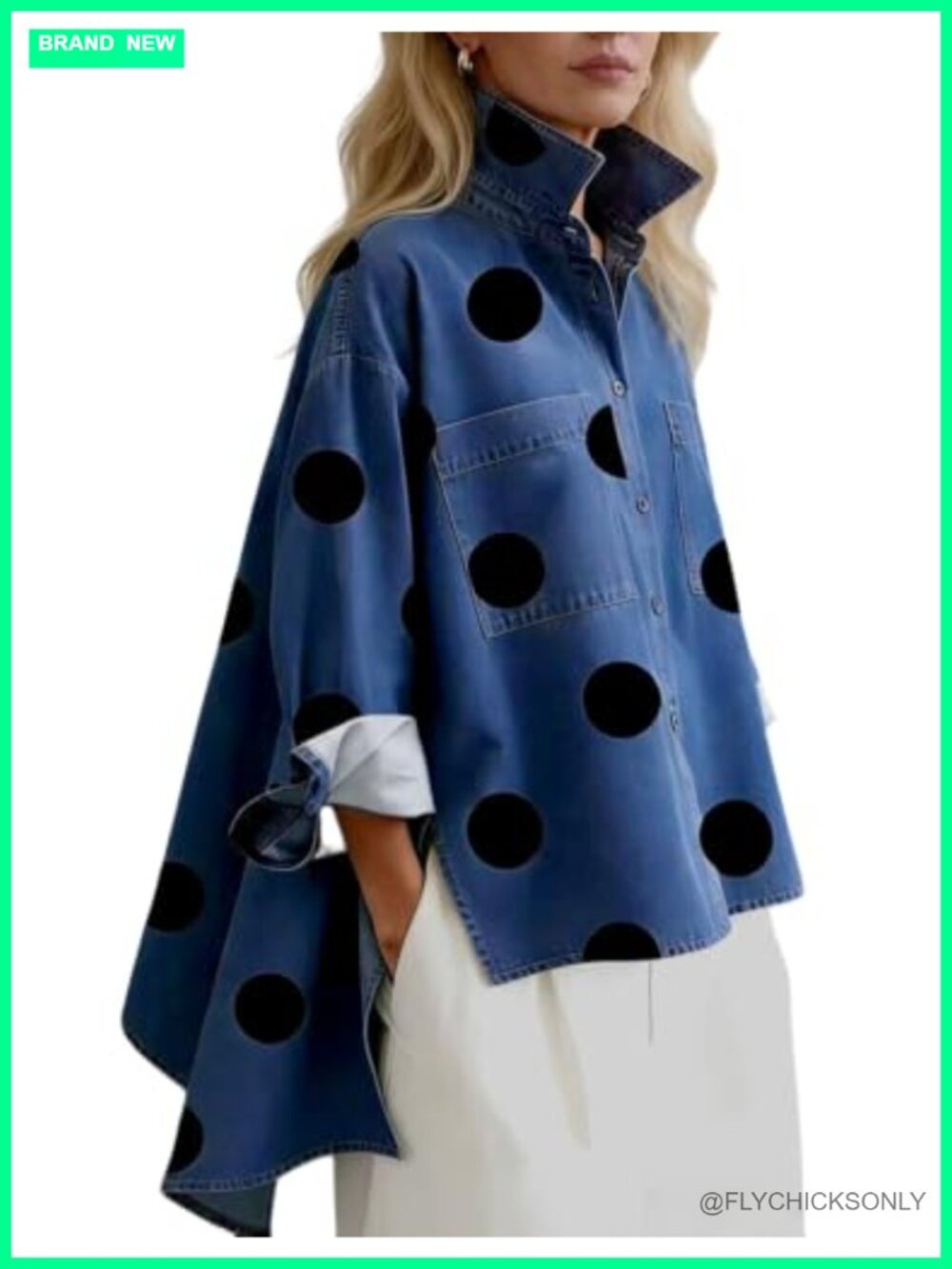 Women's Loose Flowy Polka Dot Tunic Blouse Long Sleeve Button Down High Low Hem